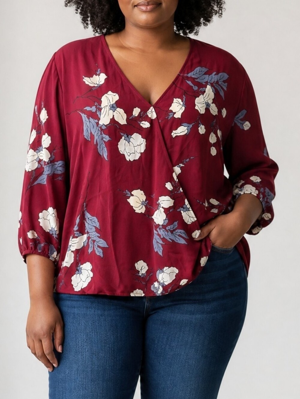 West Kei Maroon Floral V-Neck Blouse